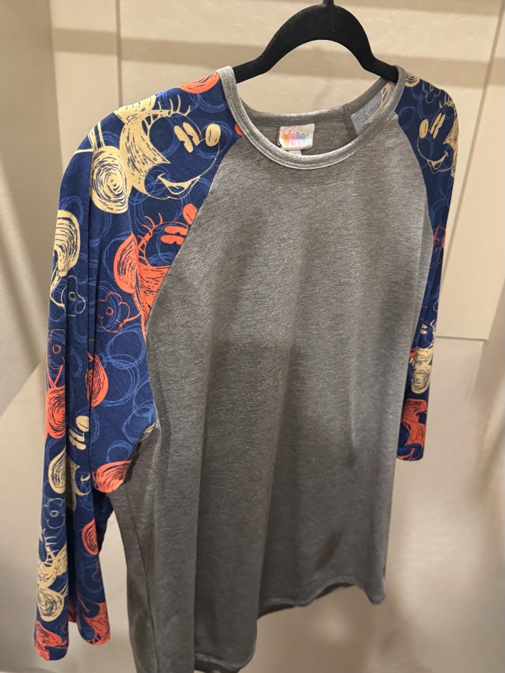Grey baseball t-shirt with colorful Mickey Mouse design